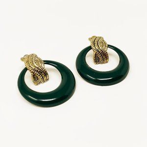 VINTAGE (c. 1980) | Metal Green and Gold Door Knocker Earrings | VERY GOOD!
